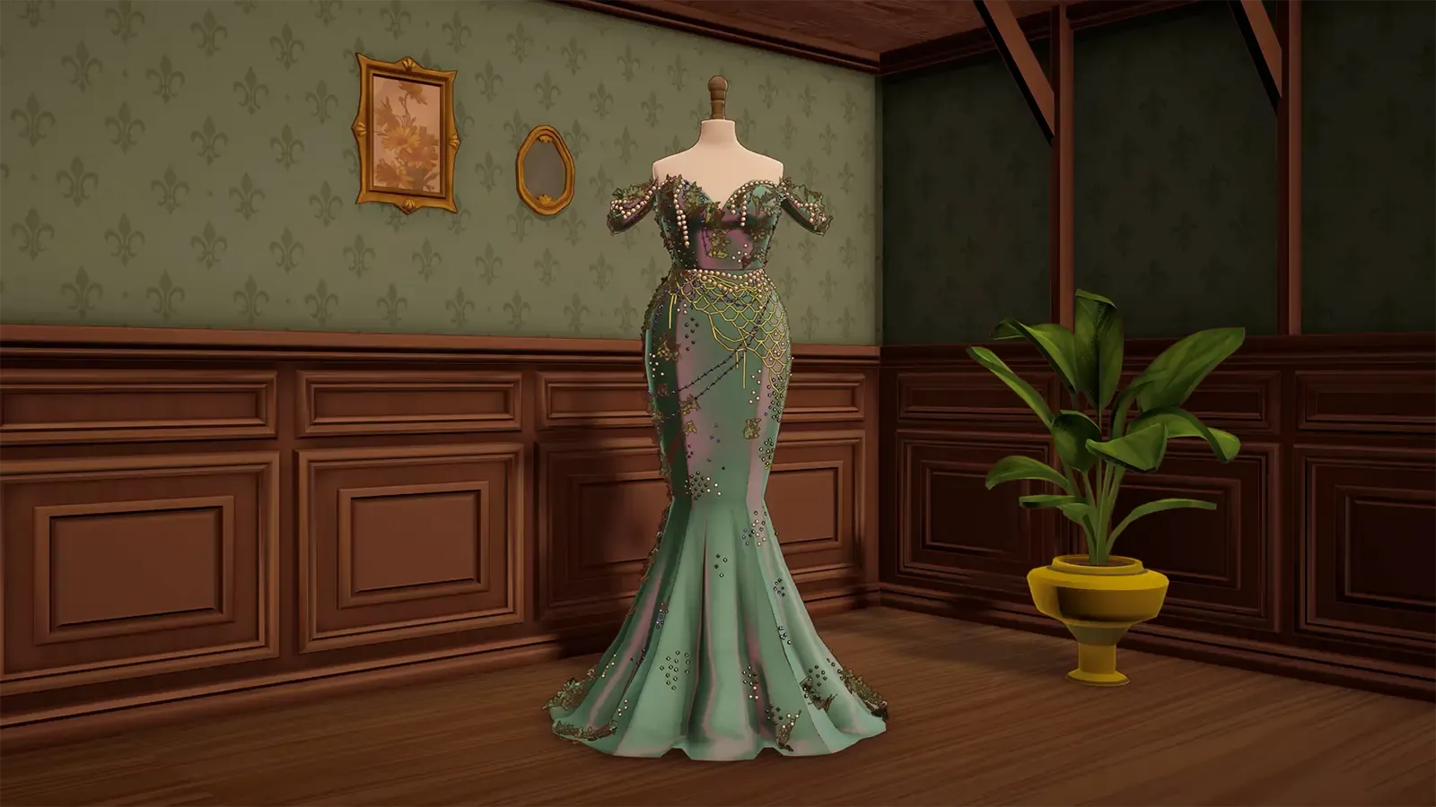 Evening gown on the dress form in mint fabric